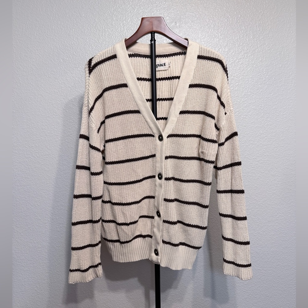 Pact 100% Organic Cotton Striped Knit Cardigan Button Front Sweater - Medium